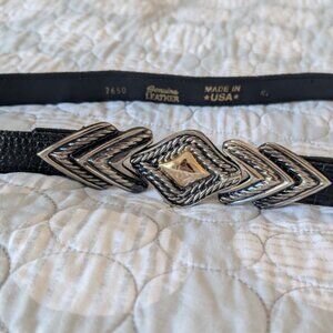 Vintage Revcor Genuine Leather Belt with Decorative Silver Gold Tone Buckle M